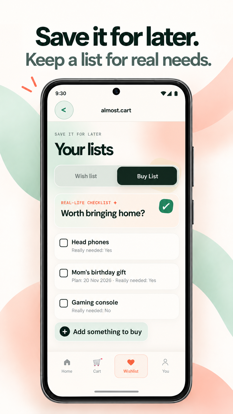Buy List screenshot showing saved real-life purchase ideas