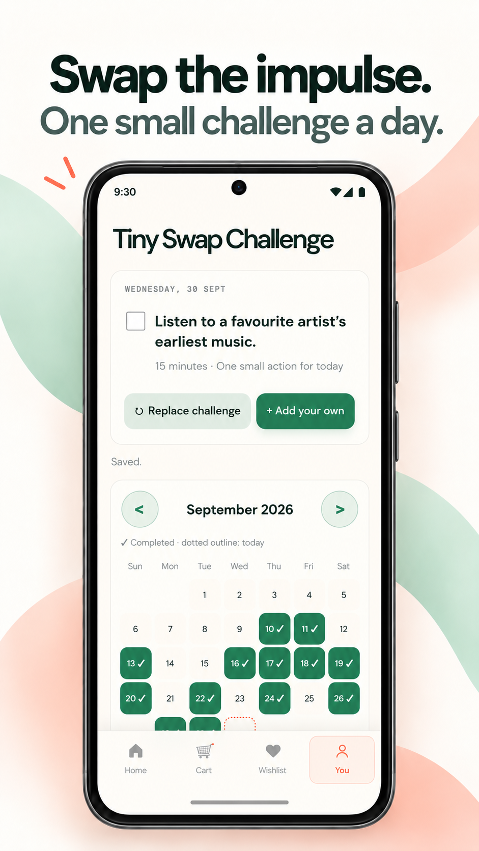 Tiny Swap daily challenge and completion calendar screenshot